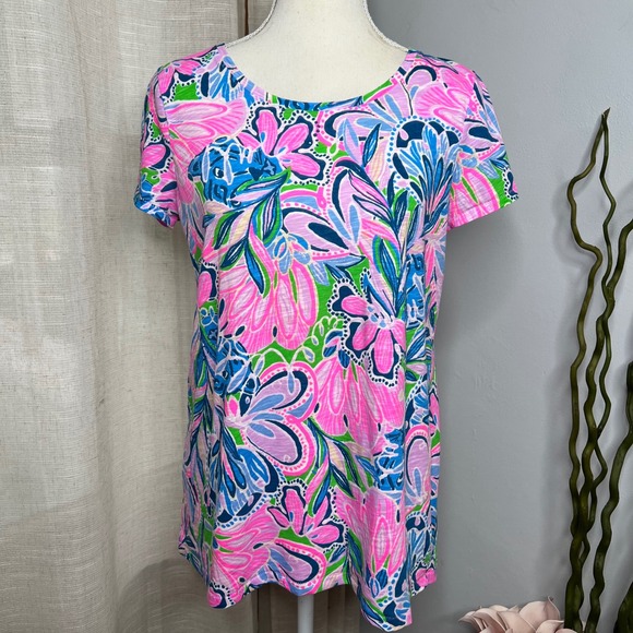Lilly Pulitzer Etta Scoop Neck Shirt Short Sleeve Floral Pink Women's Size Small - Picture 1 of 11